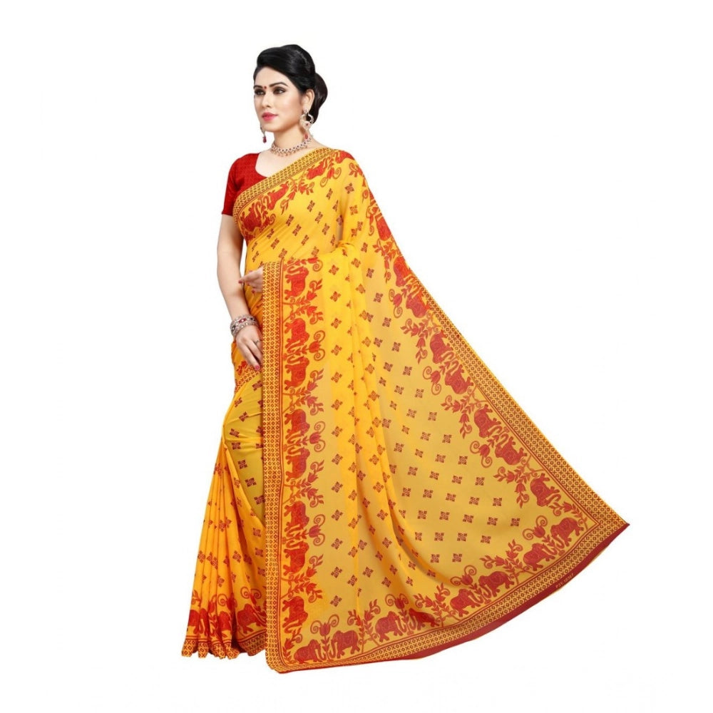 Amfyn Women's Georgette Printed Saree With Unstitched Blouse 5.5Mtr (Red)