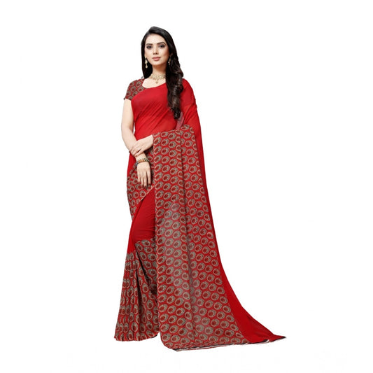 Amfyn Women's Georgette Printed Saree With Unstitched Blouse 5.5Mtr (Red)