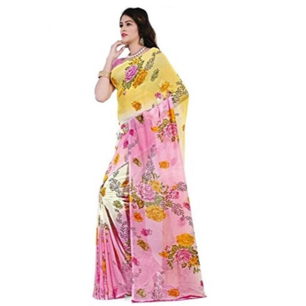 Amfyn Women's Faux Georgette Printed Saree With Unstitched Blouse 5.5Mtr (Pink)