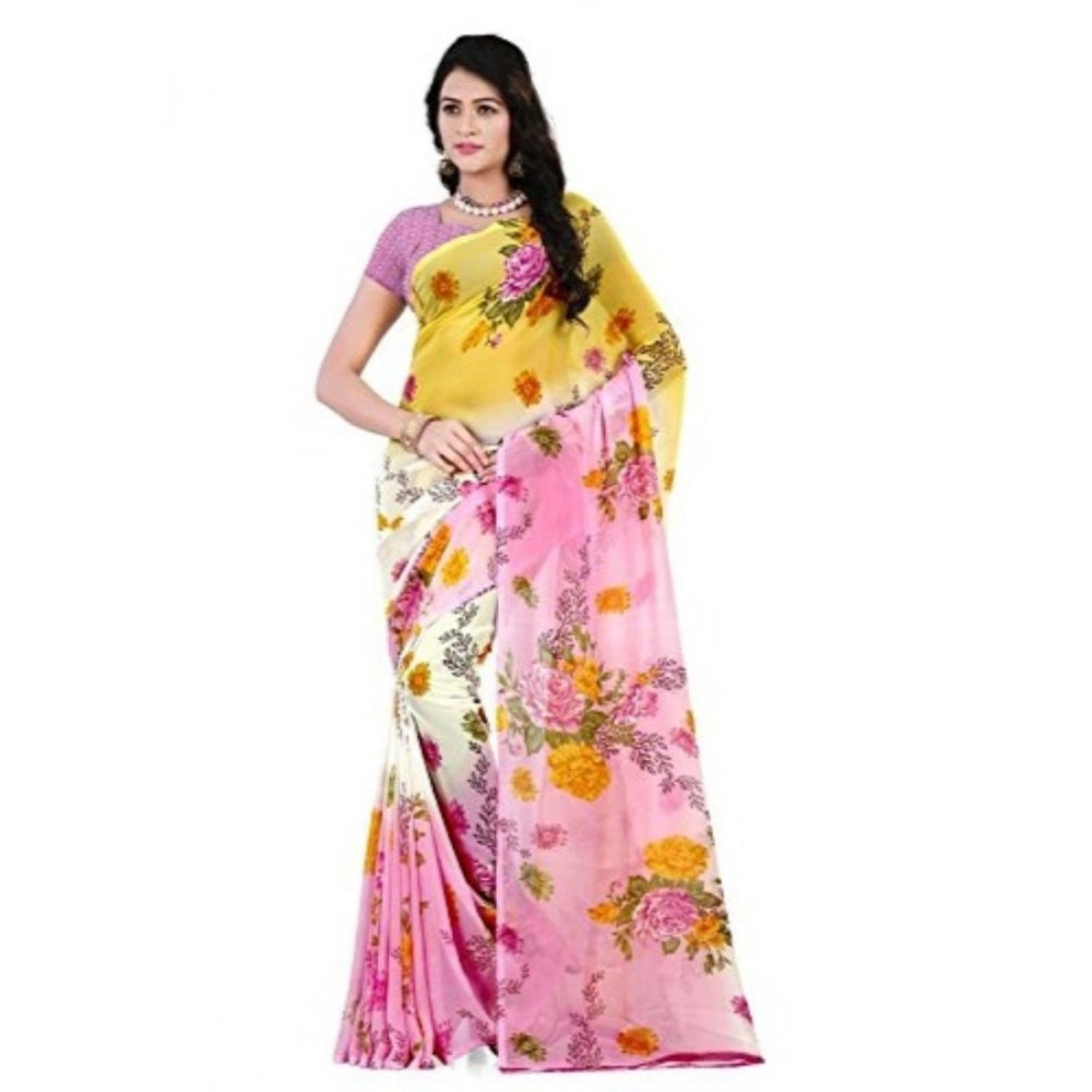 Amfyn Women's Faux Georgette Printed Saree With Unstitched Blouse 5.5Mtr (Pink)