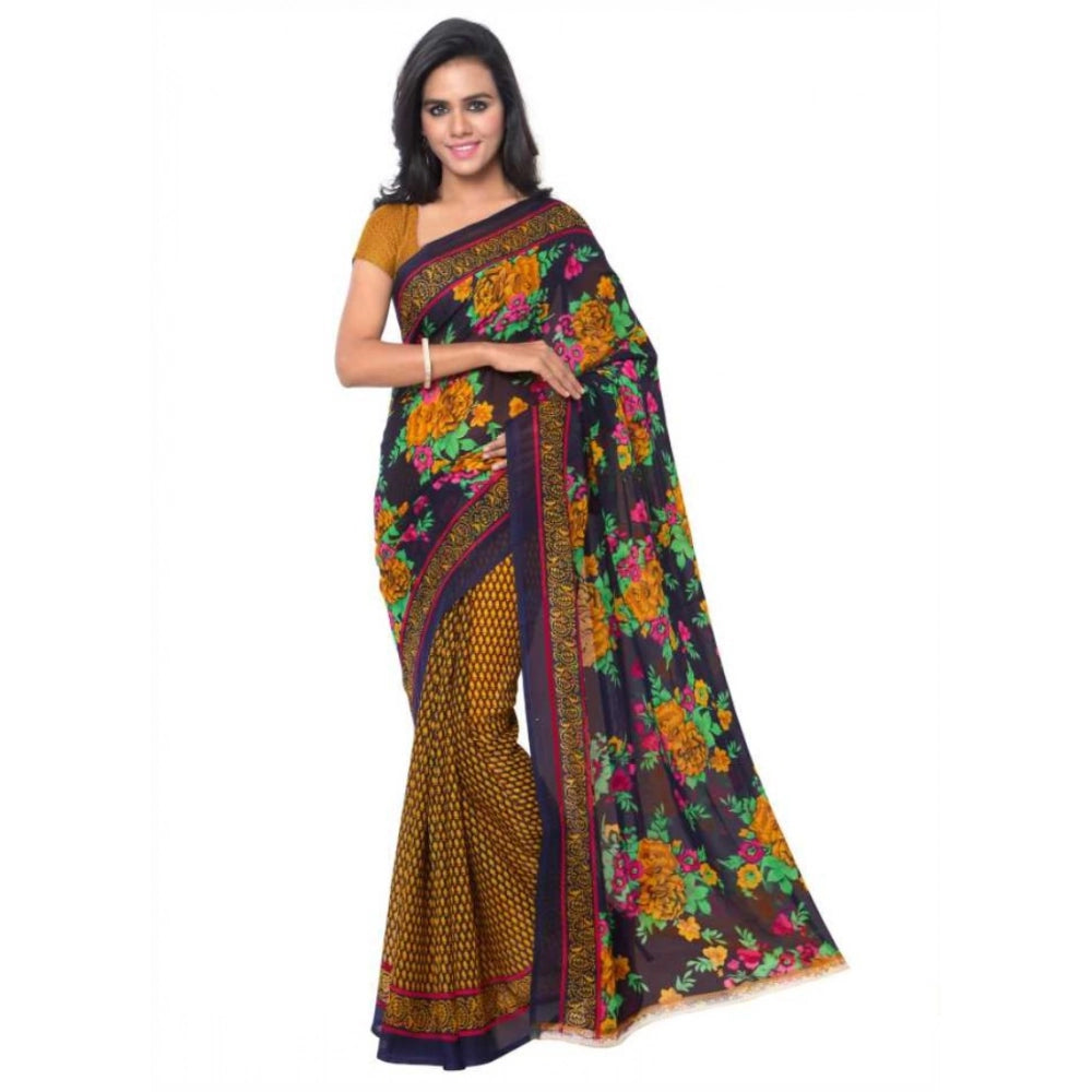 Amfyn Women's Faux Georgette Printed Saree With Unstitched Blouse 5.5Mtr (Gold)