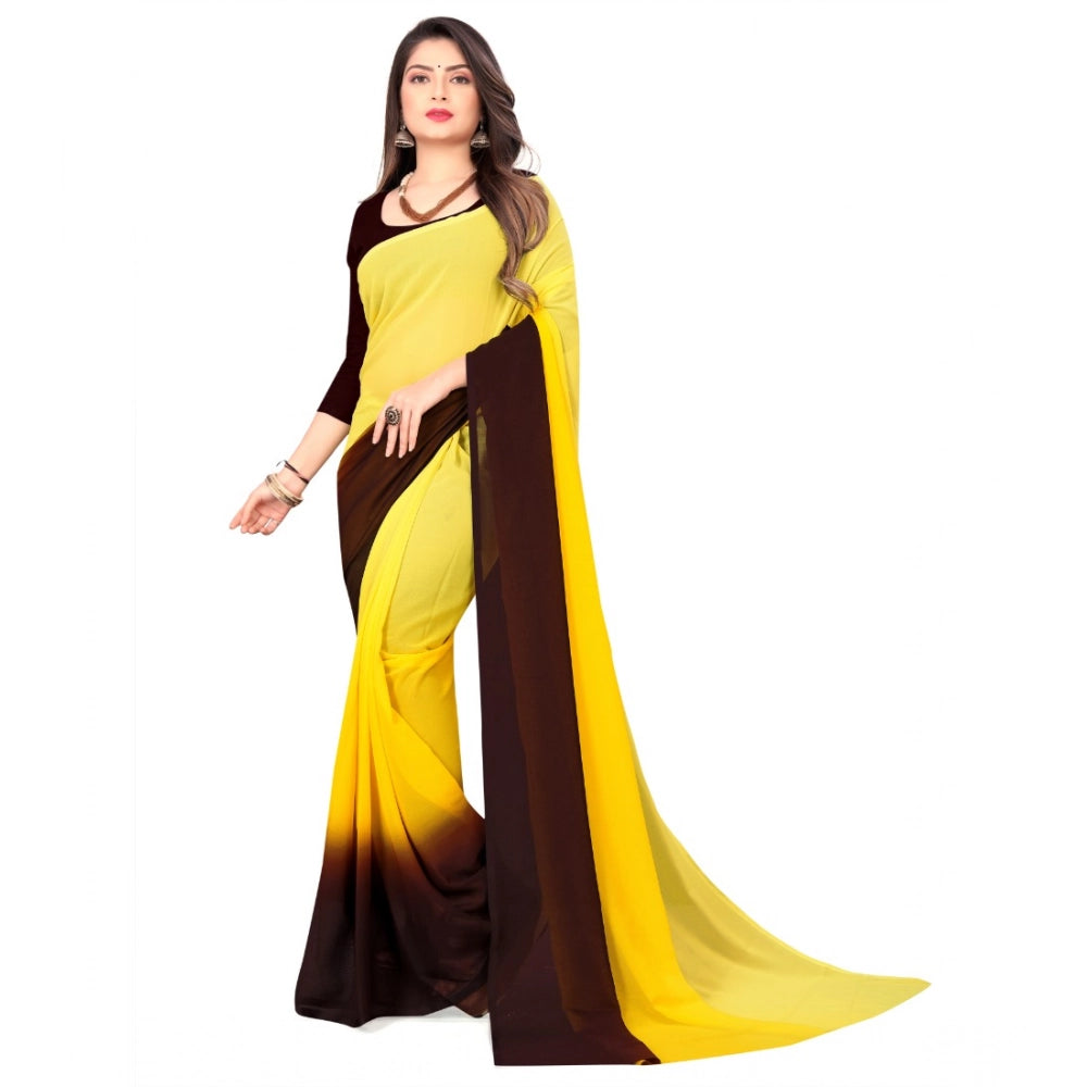 Amfyn Women's Georgette Solid Saree With Unstitched Blouse 5.5Mtr (Yellow)