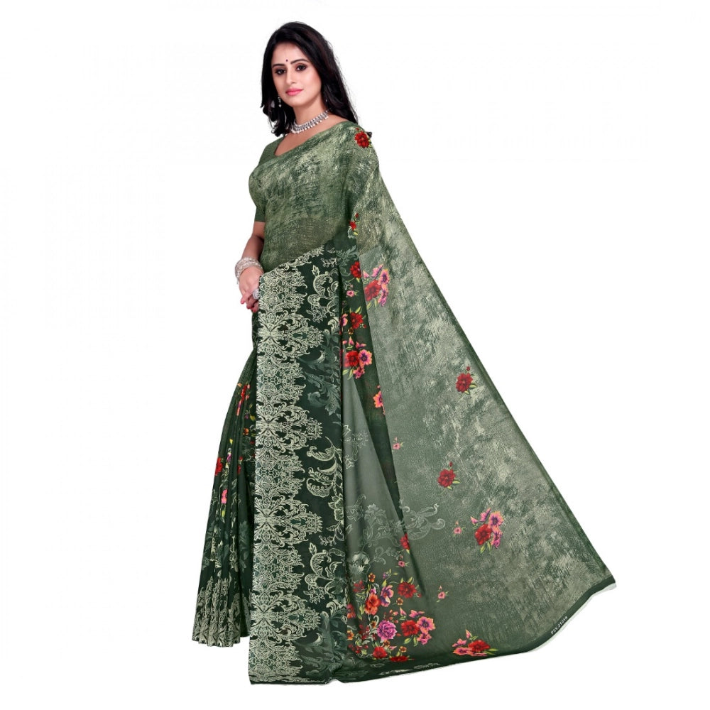 Amfyn Women's Faux Georgette Printed Saree With Unstitched Blouse 5.5Mtr (Green)