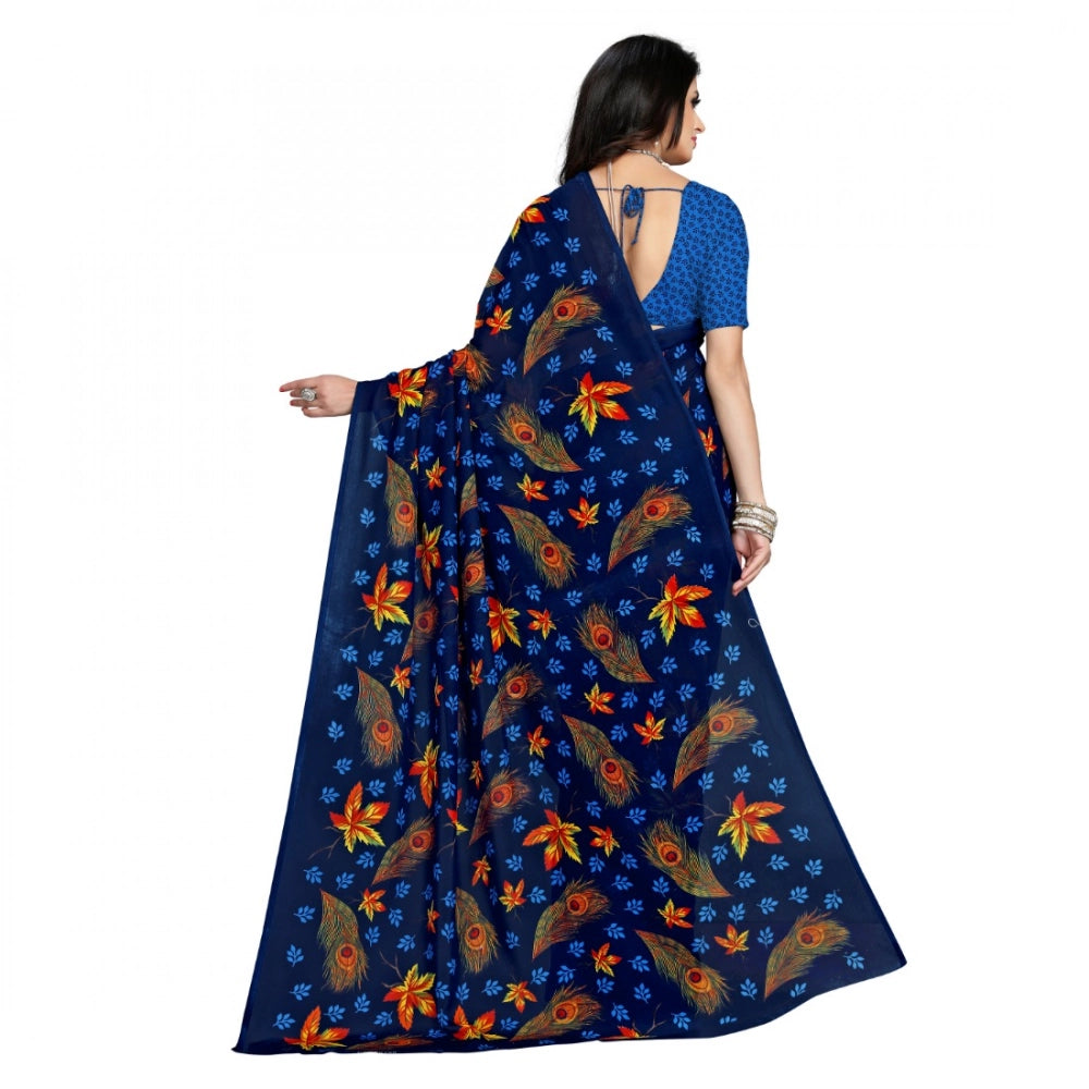 Amfyn Women's Faux Georgette Printed Saree With Unstitched Blouse 5.5Mtr (Blue)