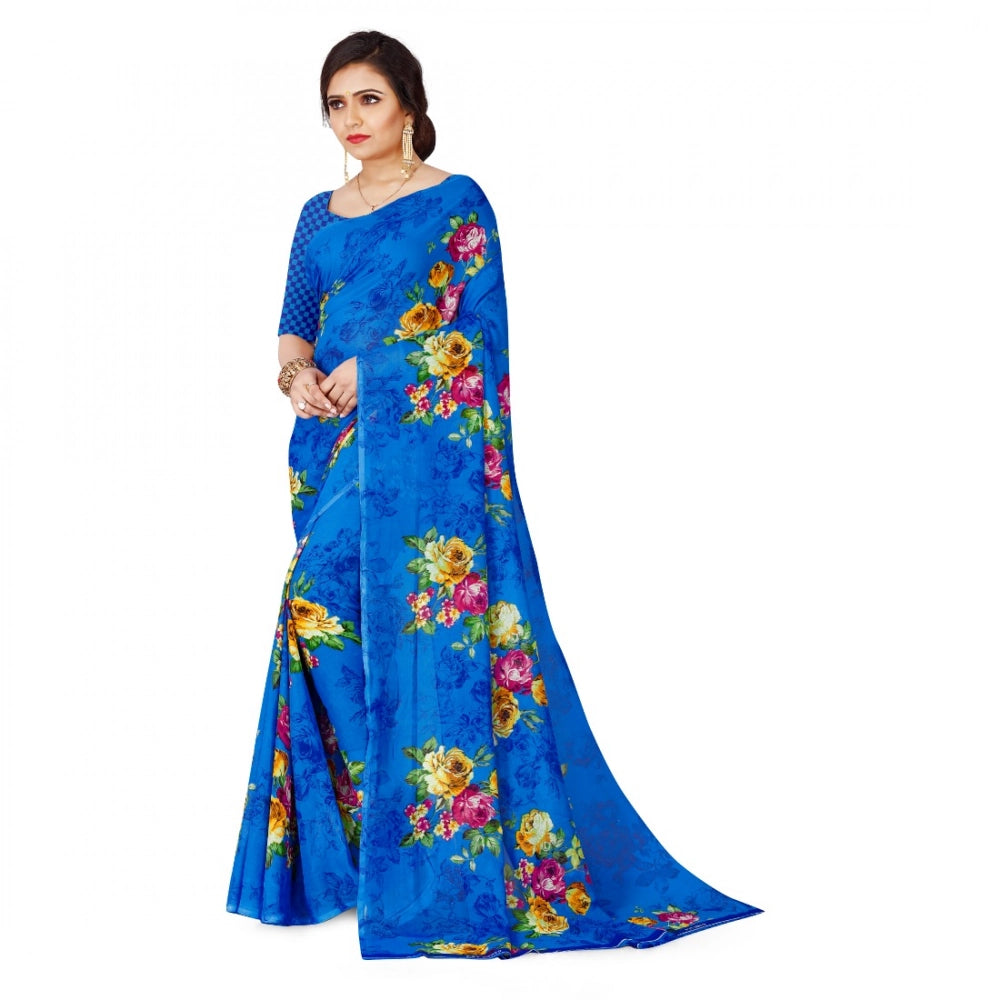 Amfyn Women's Faux Georgette Printed Saree With Unstitched Blouse 5.5Mtr (Blue)