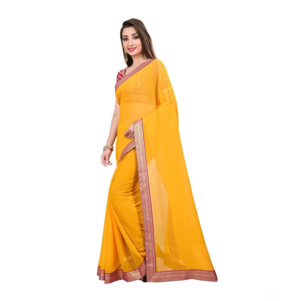 Amfyn Women's Chiifon Saree Printed Saree With Unstitched Blouse 5.5Mtr (Yellow)