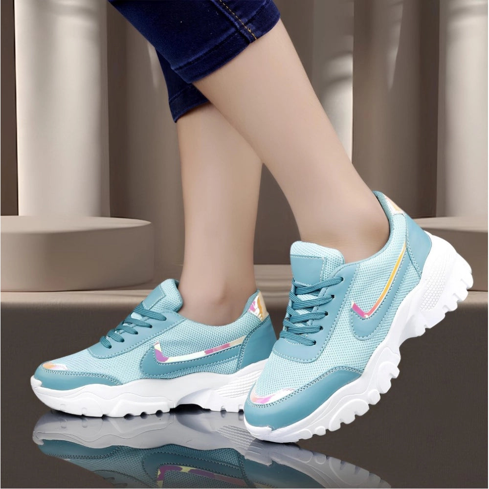 Amfyn Women's Casual Mesh Printed Lace-Ups Shoes (Blue)