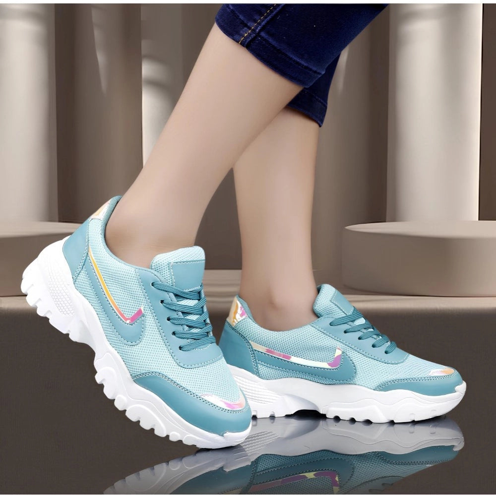 Amfyn Women's Casual Mesh Printed Lace-Ups Shoes (Blue)