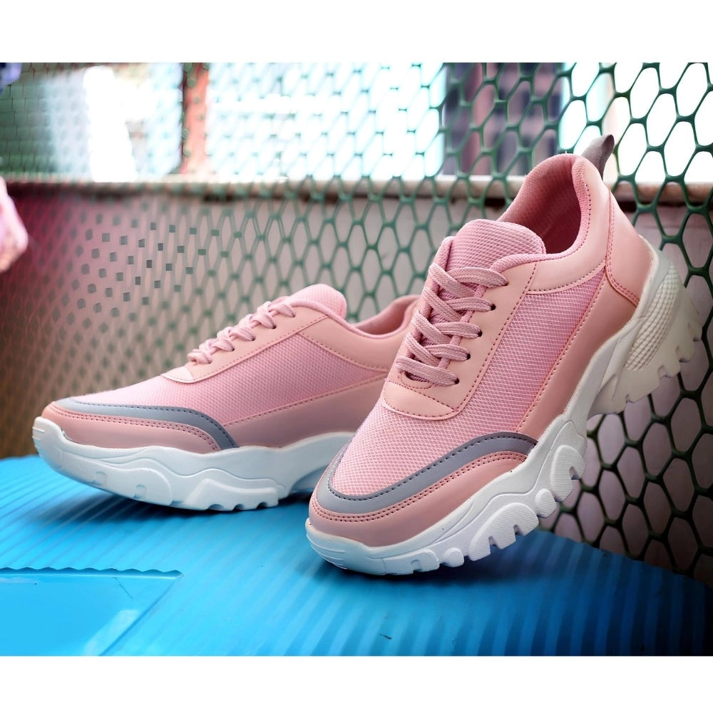 Amfyn Women's Casual Mesh Printed Lace-Ups Shoes (Pink)