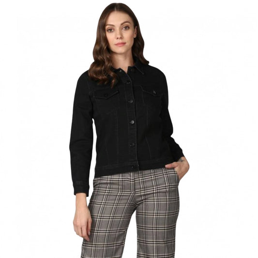 Amfyn Women's Denim Solid Long Sleeve Jacket (Black)
