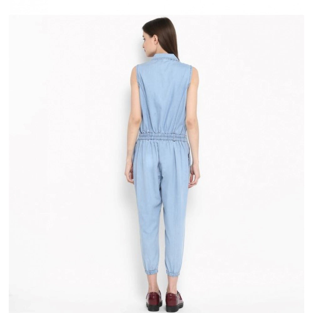 Amfyn Women's Denim Solid Sleeveless Jumpsuit (Blue)
