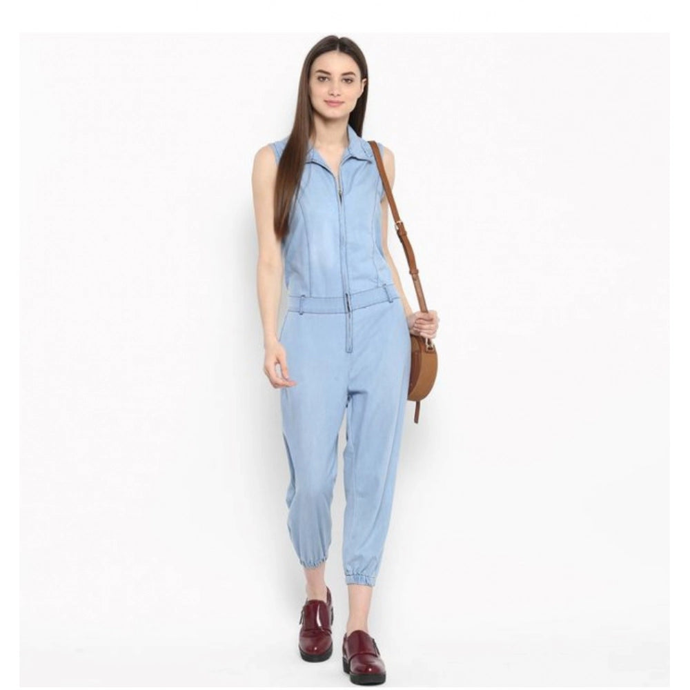 Amfyn Women's Denim Solid Sleeveless Jumpsuit (Blue)