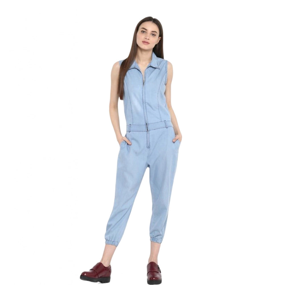Amfyn Women's Denim Solid Sleeveless Jumpsuit (Blue)