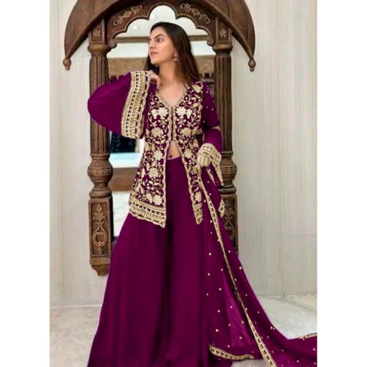 Amfyn Women's Georgette Embroidery 3-4th Sleeve V-Neck Kurti, Palazzo And Dupatta Set (Wine)