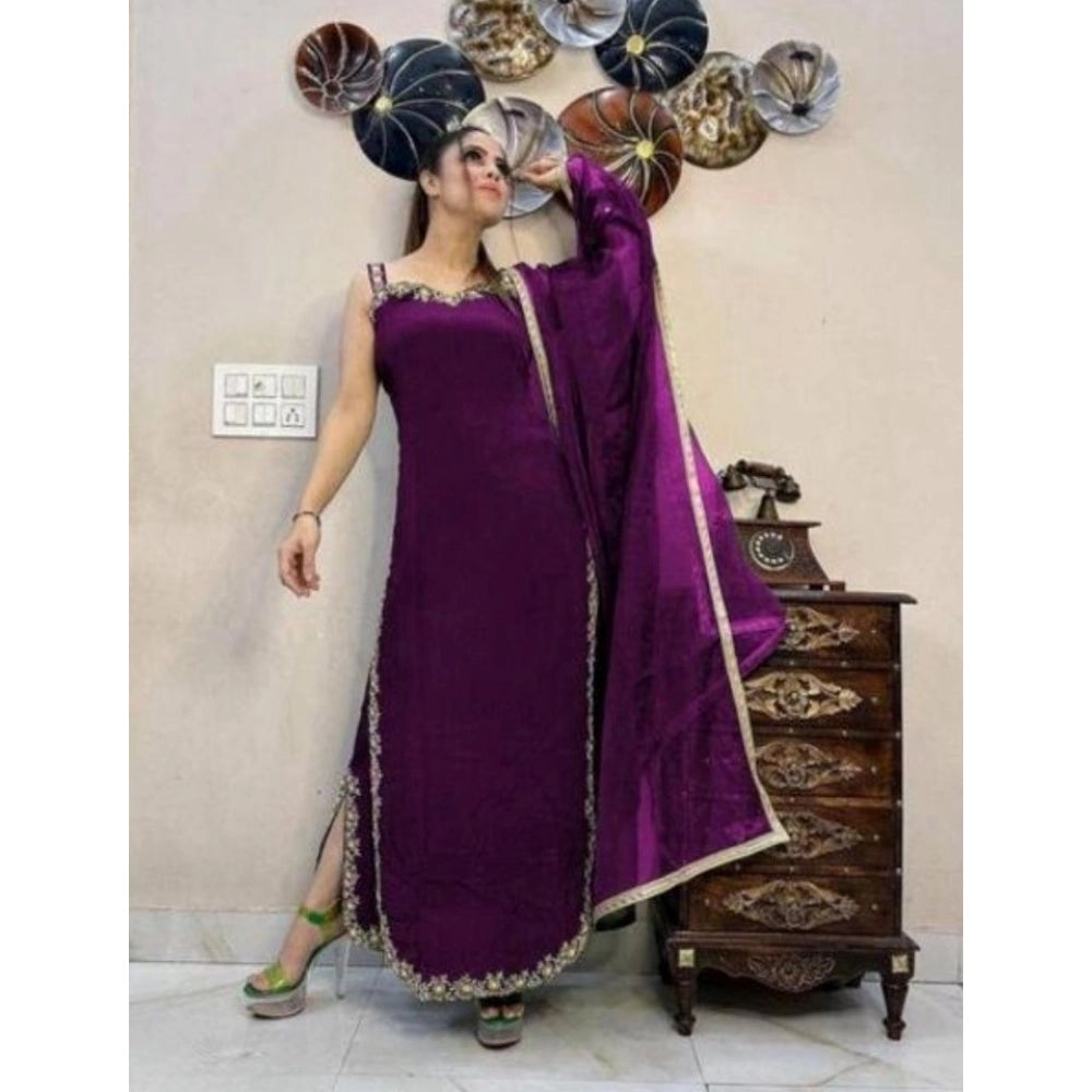Amfyn Women's Georgette Embroidery Sleeveless Round Neck Kurti, Palazzo And Dupatta Set (Wine)