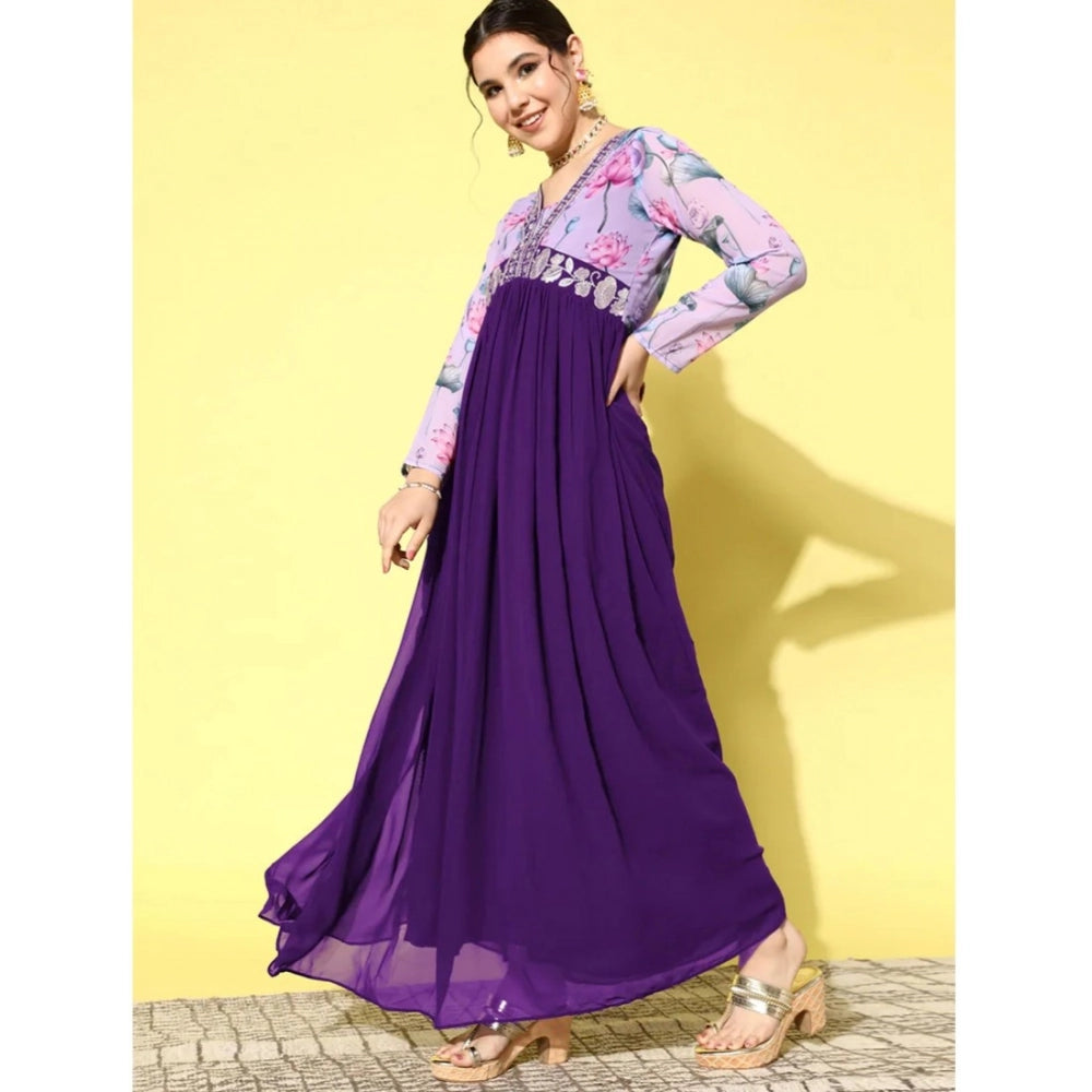 Amfyn Women's Georgette Embroidery 3-4th Sleeve V-Neck Kurti (Purple)