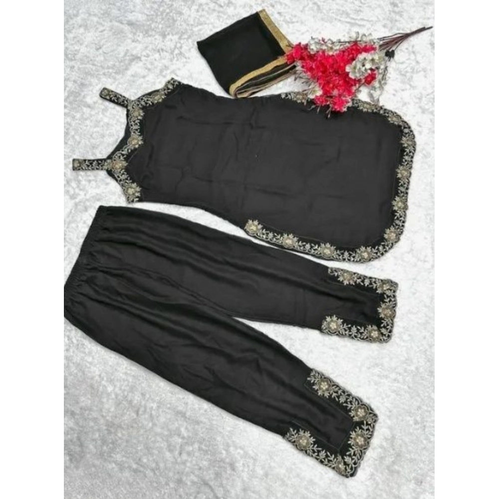 Amfyn Women's Georgette Embroidery Sleeveless Round Neck Kurti, Palazzo And Dupatta Set (Black)