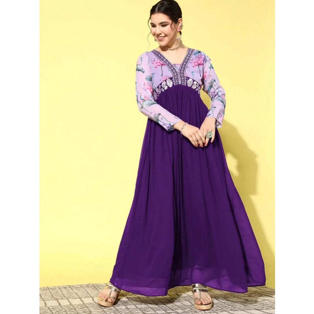 Amfyn Women's Georgette Embroidery 3-4th Sleeve V-Neck Kurti (Purple)