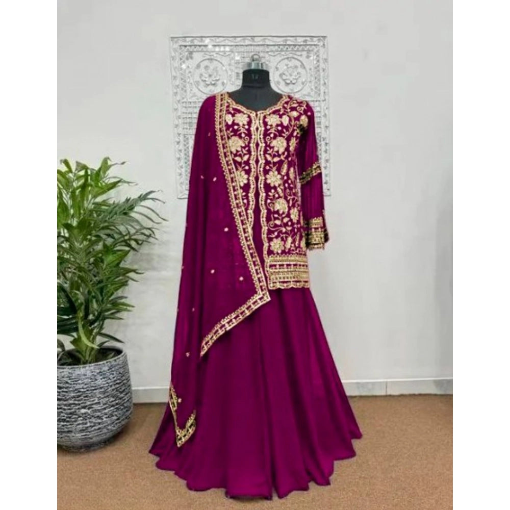 Amfyn Women's Georgette Embroidery 3-4th Sleeve V-Neck Kurti, Palazzo And Dupatta Set (Wine)