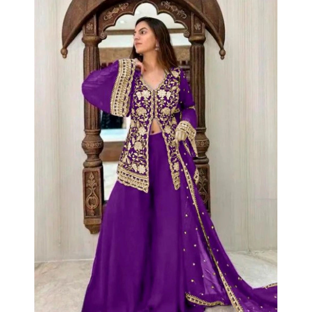 Amfyn Women's Georgette Embroidery 3-4th Sleeve V-Neck Kurti, Palazzo And Dupatta Set (Purple)