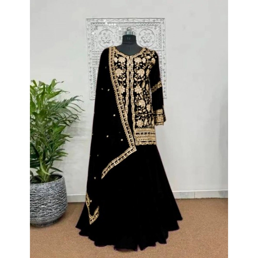 Amfyn Women's Georgette Embroidery 3-4th Sleeve V-Neck Kurti, Palazzo And Dupatta Set (Black)