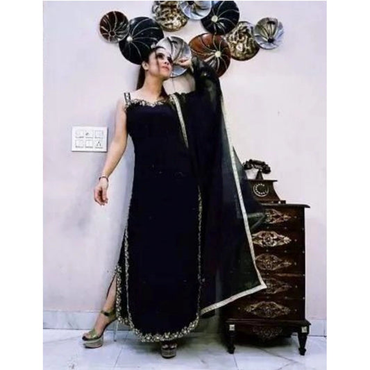 Amfyn Women's Georgette Embroidery Sleeveless Round Neck Kurti, Palazzo And Dupatta Set (Black)