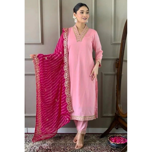Amfyn Women's Roman Silk Embroidery 3-4th Sleeve V-Neck Kurti With Pant Dupatta Set (Pink)