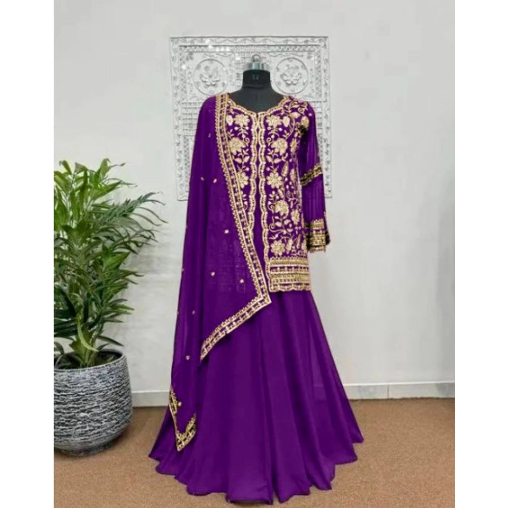 Amfyn Women's Georgette Embroidery 3-4th Sleeve V-Neck Kurti, Palazzo And Dupatta Set (Purple)