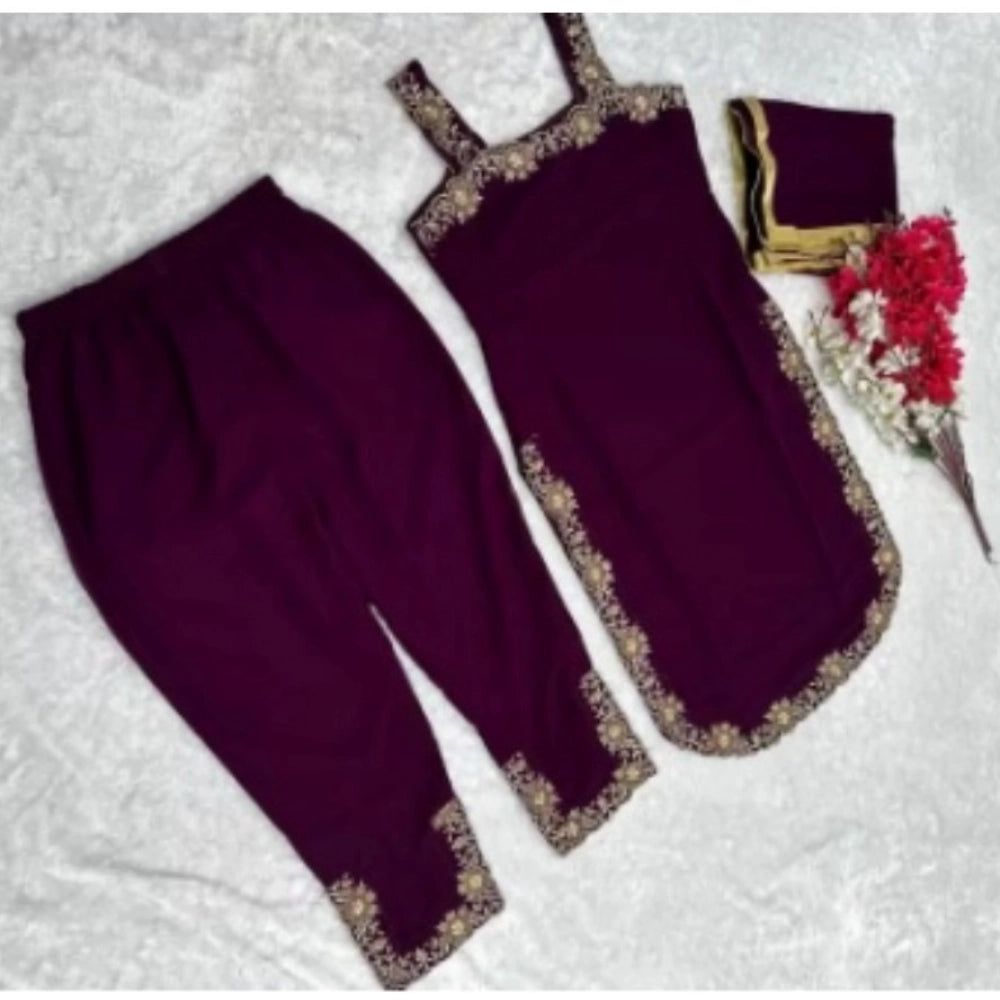 Amfyn Women's Georgette Embroidery Sleeveless Round Neck Kurti, Palazzo And Dupatta Set (Wine)