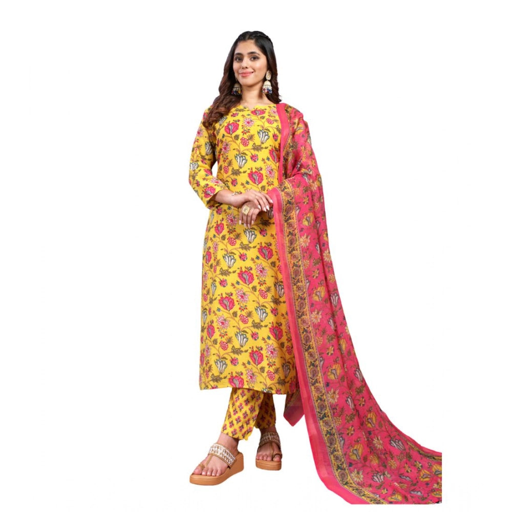 Amfyn Women's Cotton Blend Printed Kurti With Pant Dupatta Set (Yellow)