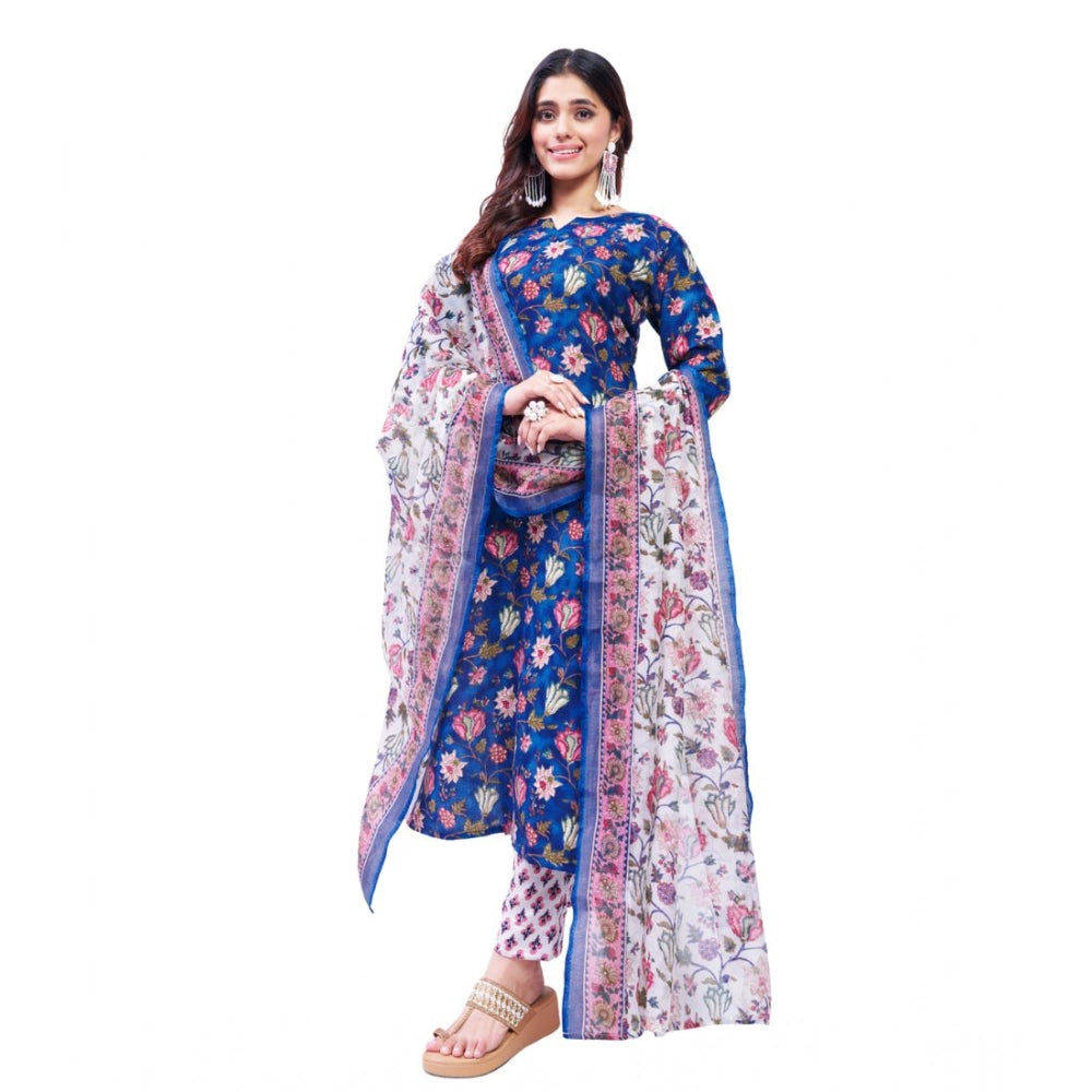Amfyn Women's Cotton Blend Printed Kurti With Pant Dupatta Set (Blue)