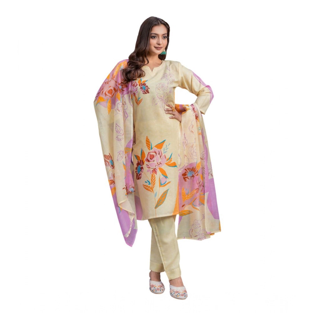 Amfyn Women's Cotton Blend Printed Kurti With Pant Dupatta Set (Cream)