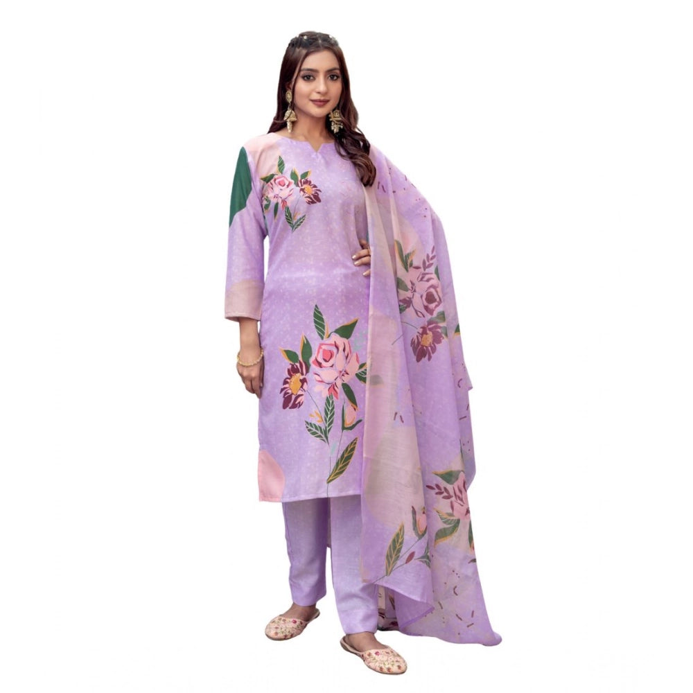 Amfyn Women's Cotton Blend Printed Kurti With Pant Dupatta Set (Lavender)
