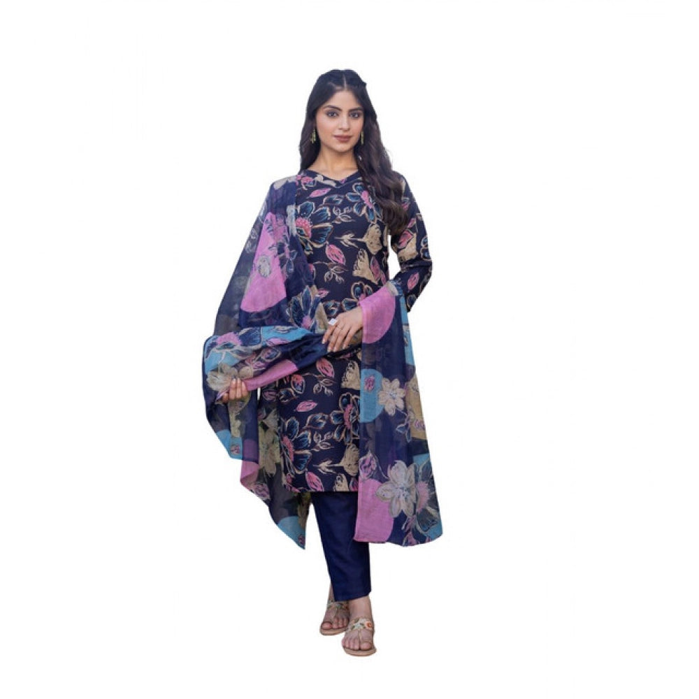 Amfyn Women's Cotton Blend Printed Kurti With Pant Dupatta Set (NavyBlue)