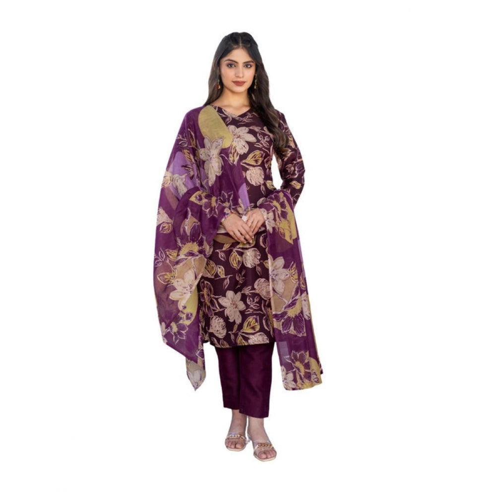 Amfyn Women's Cotton Blend Printed Kurti With Pant Dupatta Set (Purple)