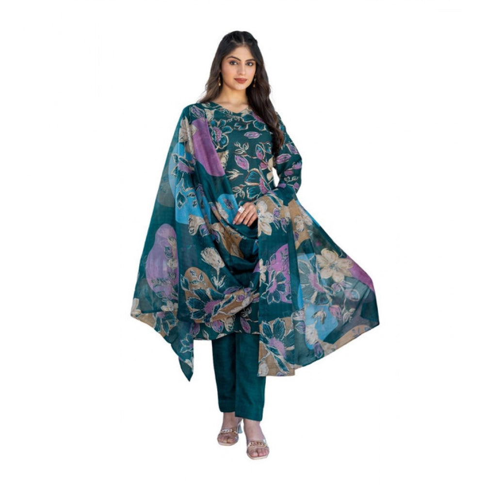 Amfyn Women's Cotton Blend Printed Kurti With Pant Dupatta Set (Rama)