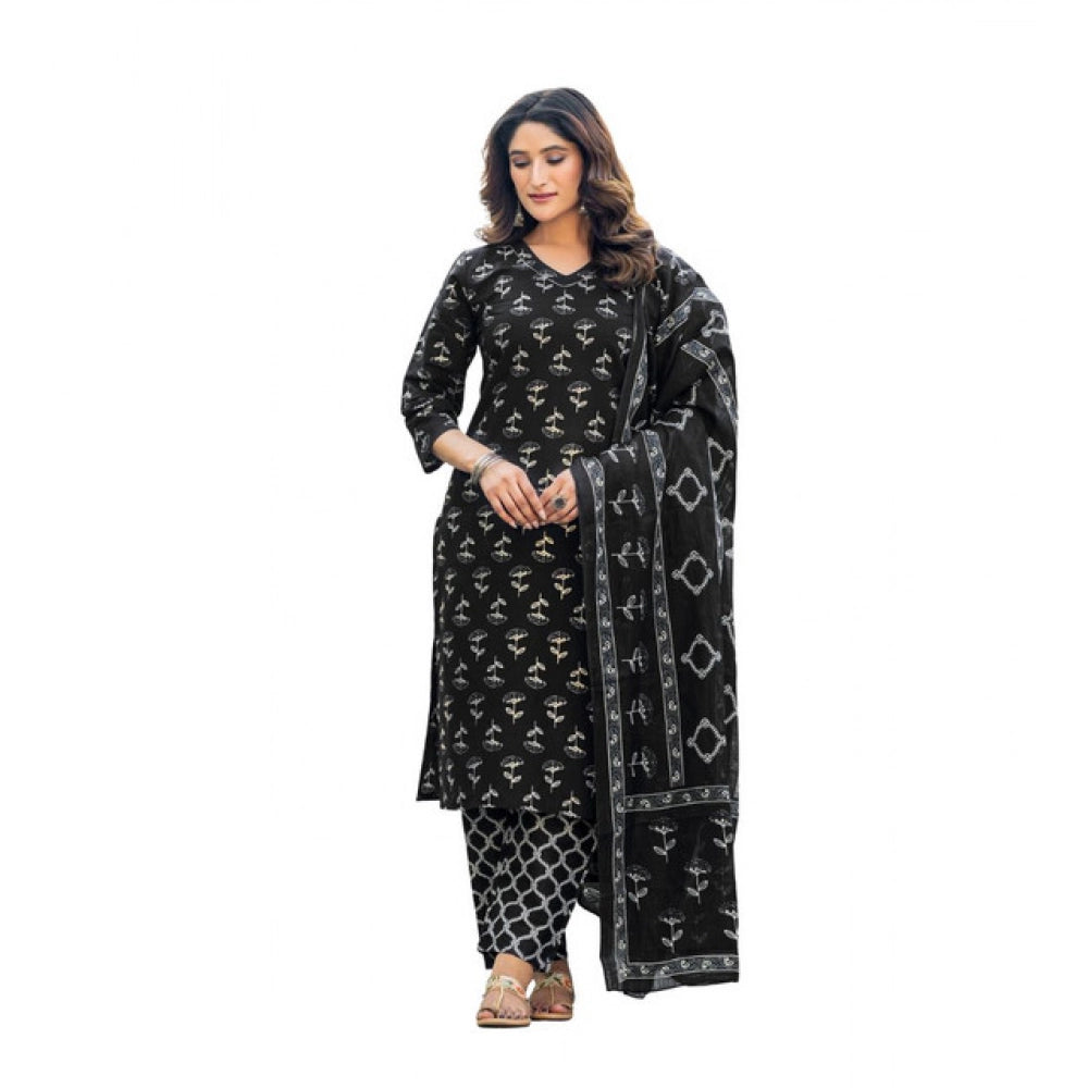 Amfyn Women's Cotton Blend Printed Kurti With Pant Dupatta Set (Black)