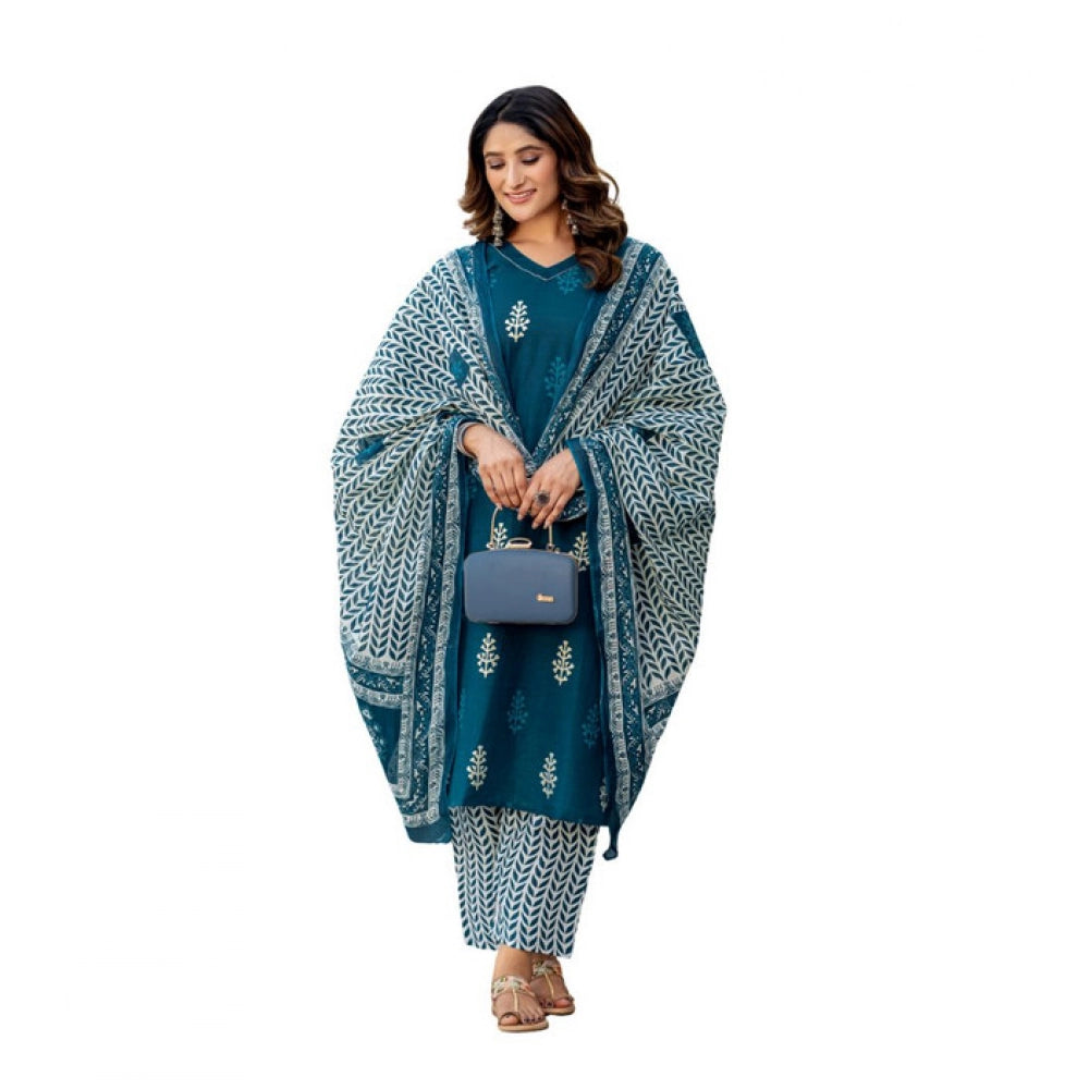 Amfyn Women's Cotton Blend Printed Kurti With Pant Dupatta Set (Morpichh)