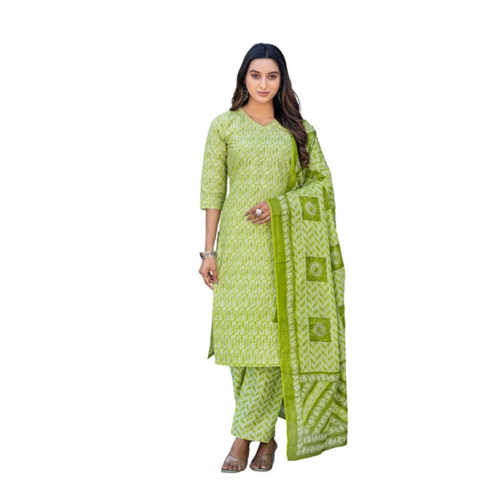 Amfyn Women's Cotton Blend Printed Kurti With Pant Dupatta Set (Parrot)