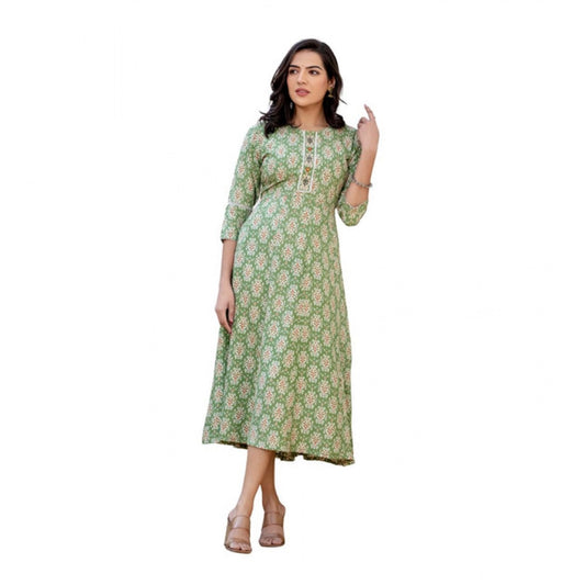 Amfyn Women's Rayon  Print With Embroidery Work A-Line Kurti (Green)