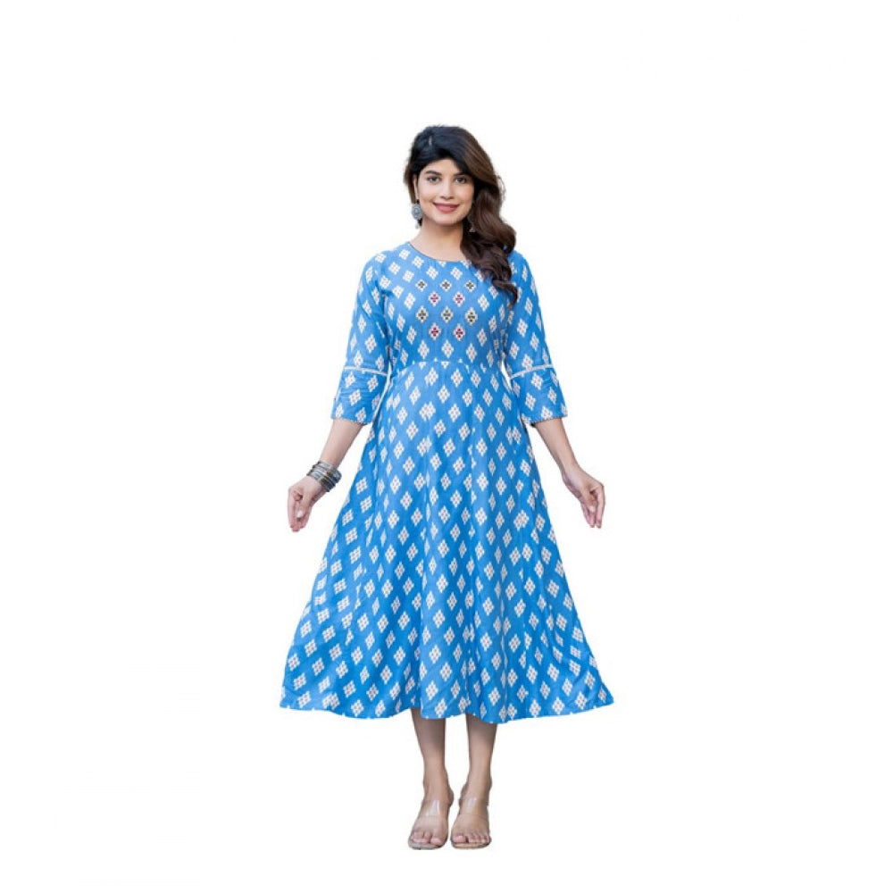 Amfyn Women's Rayon Print With Embroidery Work A-Line Kurti (Sky Blue)