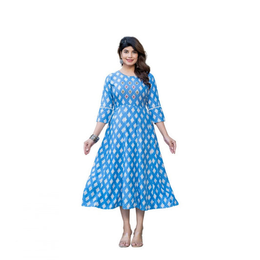 Amfyn Women's Rayon Print With Embroidery Work A-Line Kurti (Sky Blue)