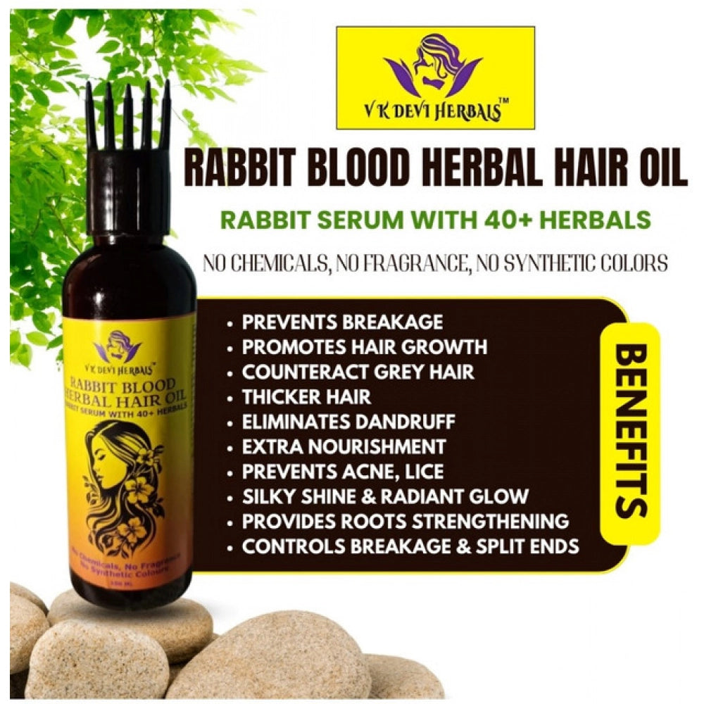 Rabbit blood herbal hair oil bottle with yellow label and black comb applicator