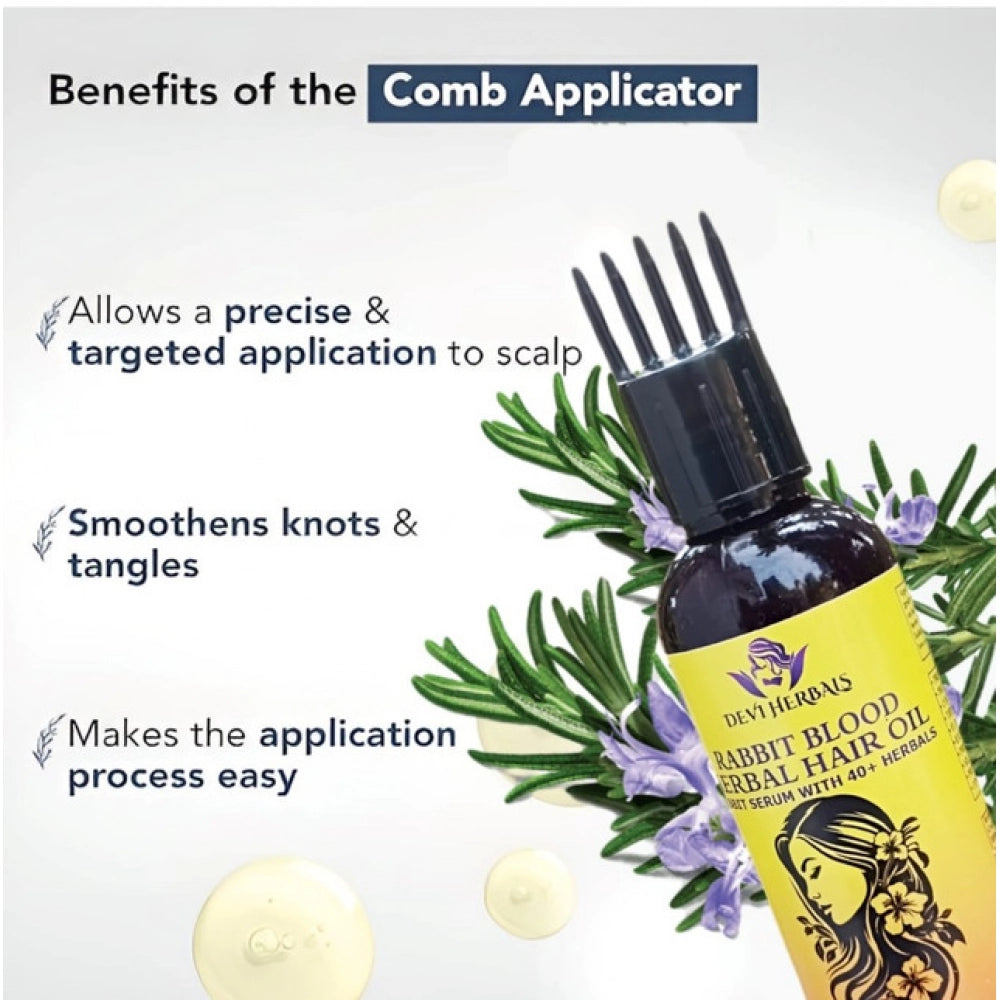 Rabbit blood herbal hair oil with comb applicator, shown with flower sprigs