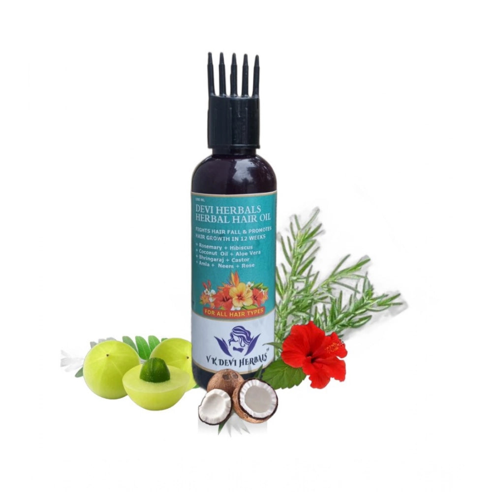Rosemary herbal hair oil bottle with dropper top, flanked by herbs and flowers