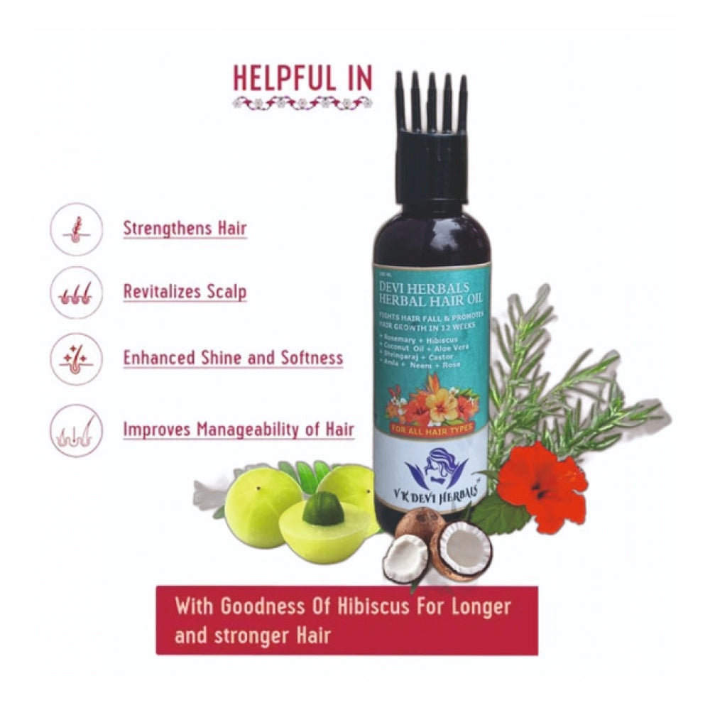 Herbal hair oil bottle display with rosemary sprigs, hibiscus flowers, and oil droplets