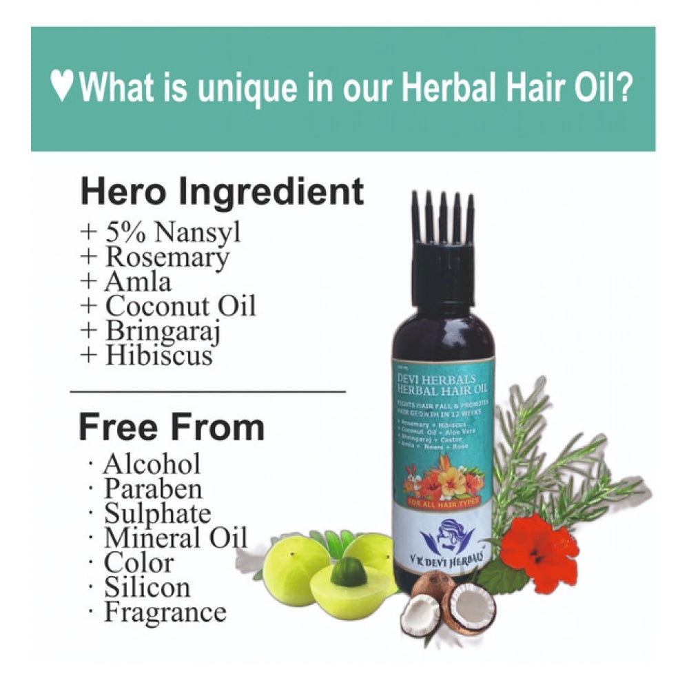 Herbal hair oil bottle with rosemary oil and coconuts beside ingredient list graphics