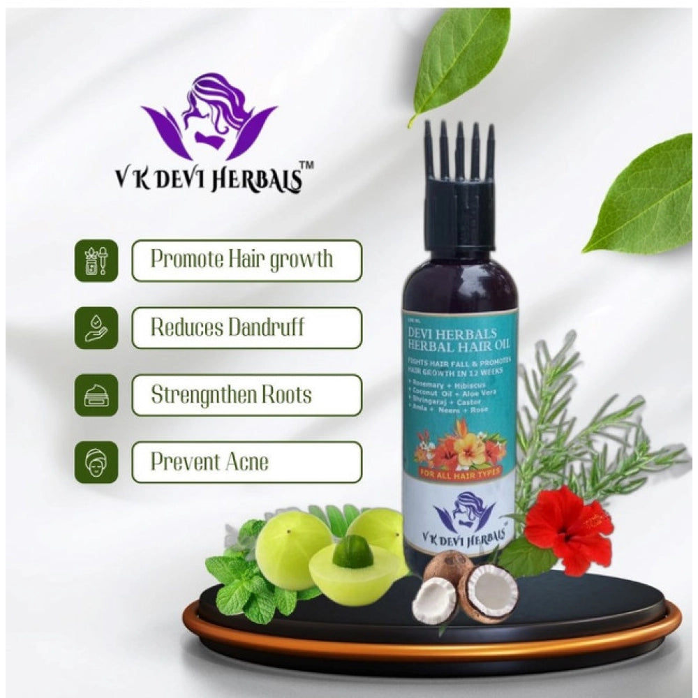 Herbal hair oil bottle with rosemary sprigs and green leaves on a black base