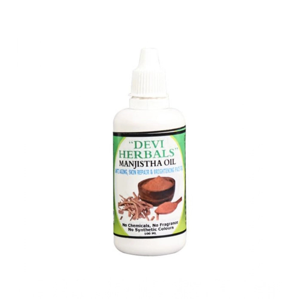 DEVI HERBALS Manjistha hair oil bottle, green band and label text