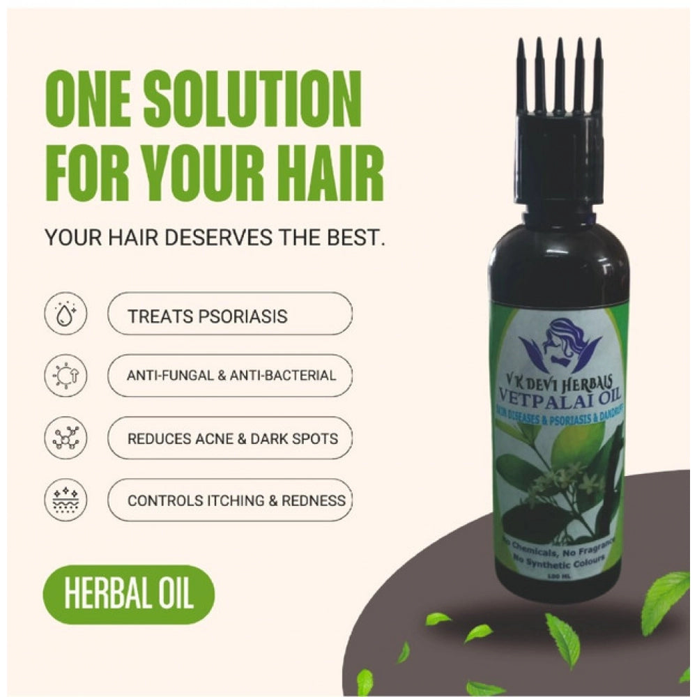 100 ml herbal hair oil bottle with green leaf graphic label, upright view.